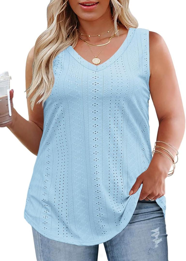 ROSRISS Plus-Size-Tank-Tops for Women Summer Sleeveless Loose Fit Trendy Basic Shirts Casual V Neck Tunics Eyelet Tees 3XL