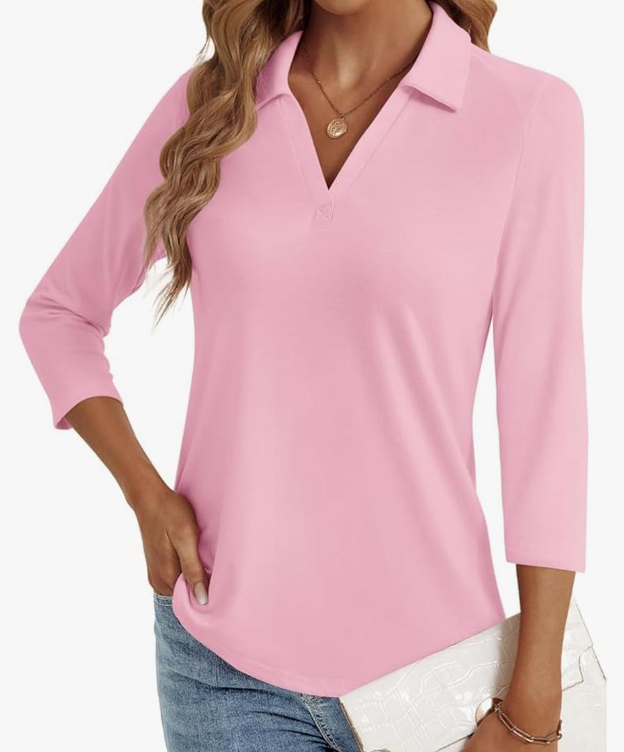 LYHIPSS 3/4 Length Sleeve Womens Tops Dressy Casual V Neck Polo Shirts Business Work Blouses 2025 Trendy Tunic Top, Medium