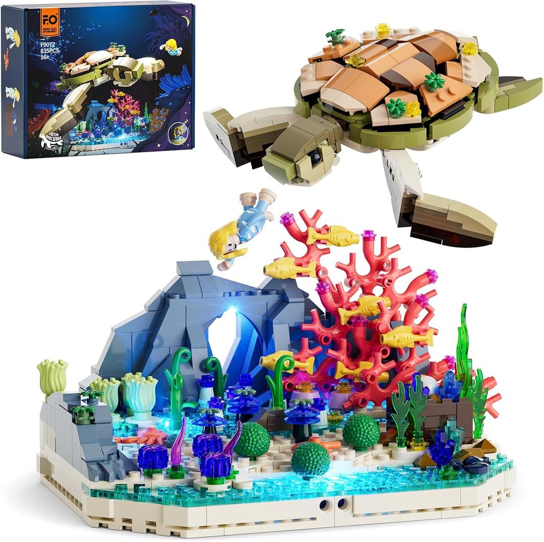 FUNWHOLE Turtle Reef Dream Lighting Building-Bricks Set - 835 Pcs Ocean Plants Collection Ideas Set for Adult and Teens