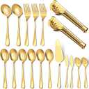 Serving Utensils Set for Buffet, 18 Pack Stainless Steel Serveware, Large Spoons, Slotted Spoon, Forks, Tongs, Butter Knife, Shell Spoons, Soup Ladle, Pie Server, for Party Festival Family, Gold