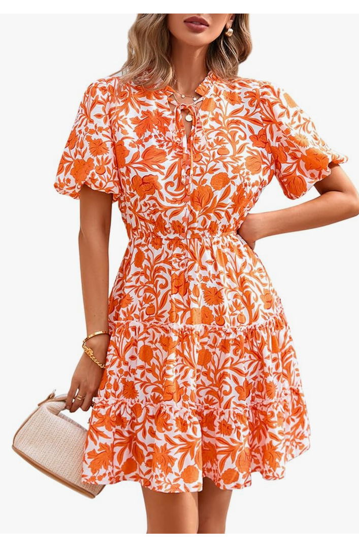 BTFBM Women Summer Floral Short Dresses V Neck Short Sleeve Tiered Ruffle Boho Swing Dress A-Line Mini Dresses, Size M