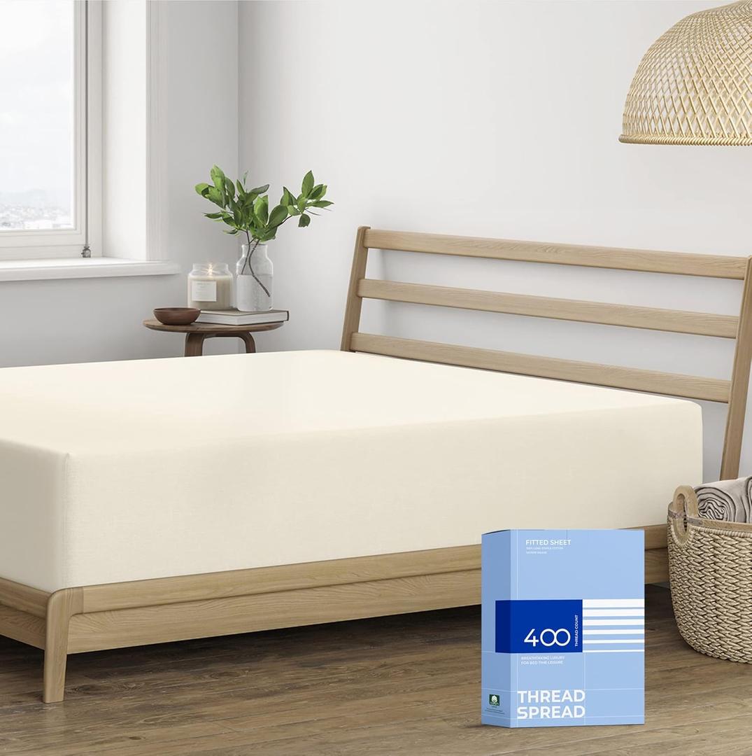 THREAD SPREAD 100% Egyptian Cotton Fitted Sheet Queen Size - 400 Thread Count Queen Size Fitted Sheet Only, Extra Soft, Cooling, 16" Deep Pocket Luxury Sateen Weave Bottom, Hotel Quality - Ivory