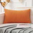 UGASA Fall Decorative Soft Velvet Stripe Lumbar Pillow Cover 1 Pack Solid Corduroy Textured Euro Oblong Cushion Case for Couch Bedroom Sofa Farmhouse, 12x20 Inch, Orange