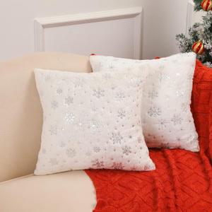 Christmas Pillow Covers 18 x 18 - Throw Pillow Covers Set with Hidden Zipper, Decorative Faux Fur Throw Pillows with Snowflakes, Christmas Decorations