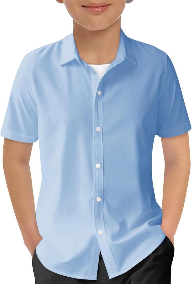 Haloumoning Boys Short Sleeve Dress Shirts Kids Summer School Uniform Button Down Shirt 5-14 Years (Sky Blue) Haloumoning Boys Short Sleeve Dress Shirts Kids Summer School Uniform Button Down Shirt 5-14 Years (Sky Blue)