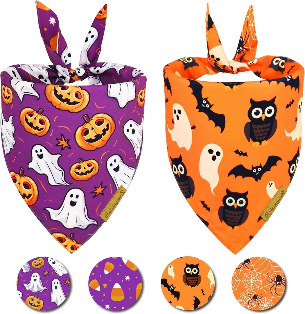 Halloween Dog Bandanas 2 Pack 4 Pattern Ghost Spider PumpkinCandle Bibs Reversible Washable Durable Fall Scarf Suitable for X-Large Breed Dog Boy and Girl