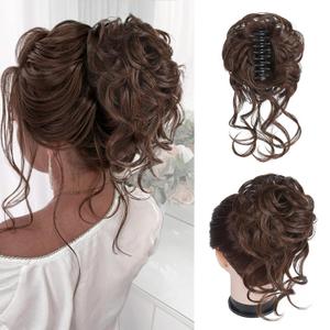 Messy Bun Hair Piece Claw Clip Bun Hair Accessories for Women Messy Wavy Curly Hair Bun Extensions Short Tousled Updo Synthetic Hair Bun Ponytail Extension (Medium, Chestnut Brown)