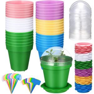 36 Packs Cupcake Plant Nursery Pots with Humidity Dome Small Flower Pots Plastic Planting Containers Cups with Saucers and Shovel for Indoor Outdoor Plant Succulent Display(Colorful)