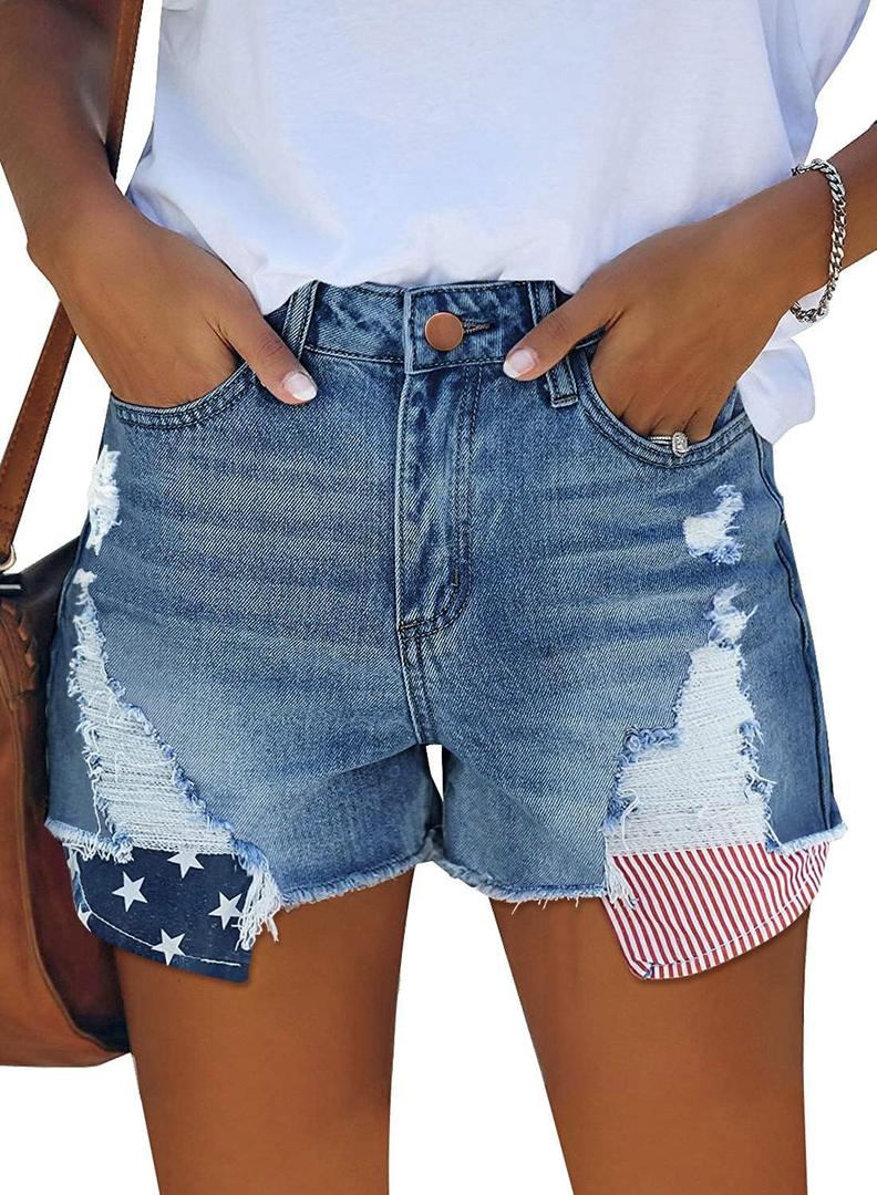 MINGALONDON Women's Denim Shorts Summer Mid Waist Ripped Raw Cut Hem Distressed Stretchy Jean Shorts S