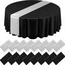 Tudomro 16 Pcs Black and Silver Round Plastic Tablecloth and Satin Table Runner Set 84 Inch Round Covers 12 x 108 Inch Table Runners for Christmas Wedding Birthday Party Baby Shower