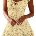 YOBECHO Womens Summer Ruffle Sleeve Sweetheart Neckline Printing Dress Mini Dresses (X-Large, A-yellow Pink)