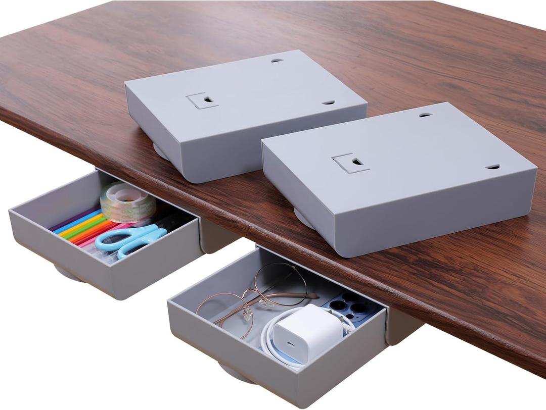 4 x 4 Pack Under Desk Drawer Self-Adhesive Desktop Storage Organizer, Hidden Attachable Slide Out Desk Drawer, Under Table Tray for Pencil Pen Stationery Office Organization, Gray