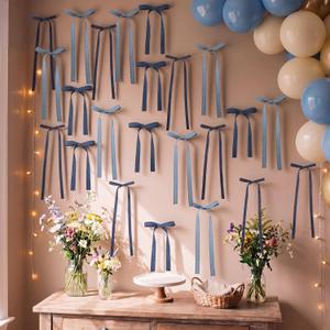 18 Pcs Denim Bow Wall Decoration DIY Bow Photo Backdrops Vintage Blue Jean Bows Wreath Garland Party Decorations for Denim Birthday Baby Shower Bachelorette Wedding Anniversary Bedroom Decor