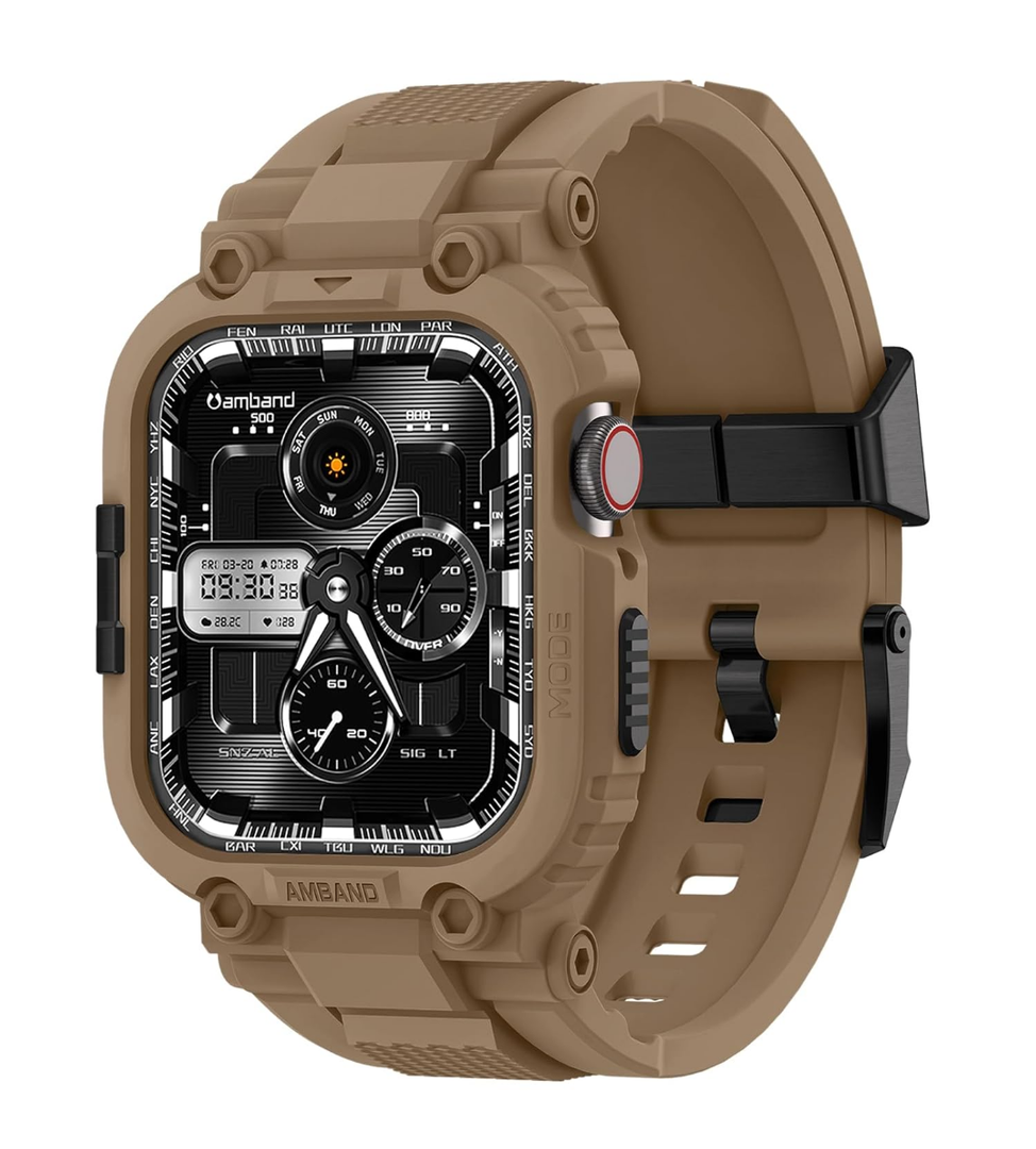 amBand Bands Compatible with Apple Watch 9/8/7 45mm, M1 Sport Series Rugged Case with TPU Strap Military Protective Tough Cover Bumper for iWatch SE2/SE/6/5/4/3 44mm 42mm Men Desert Tan