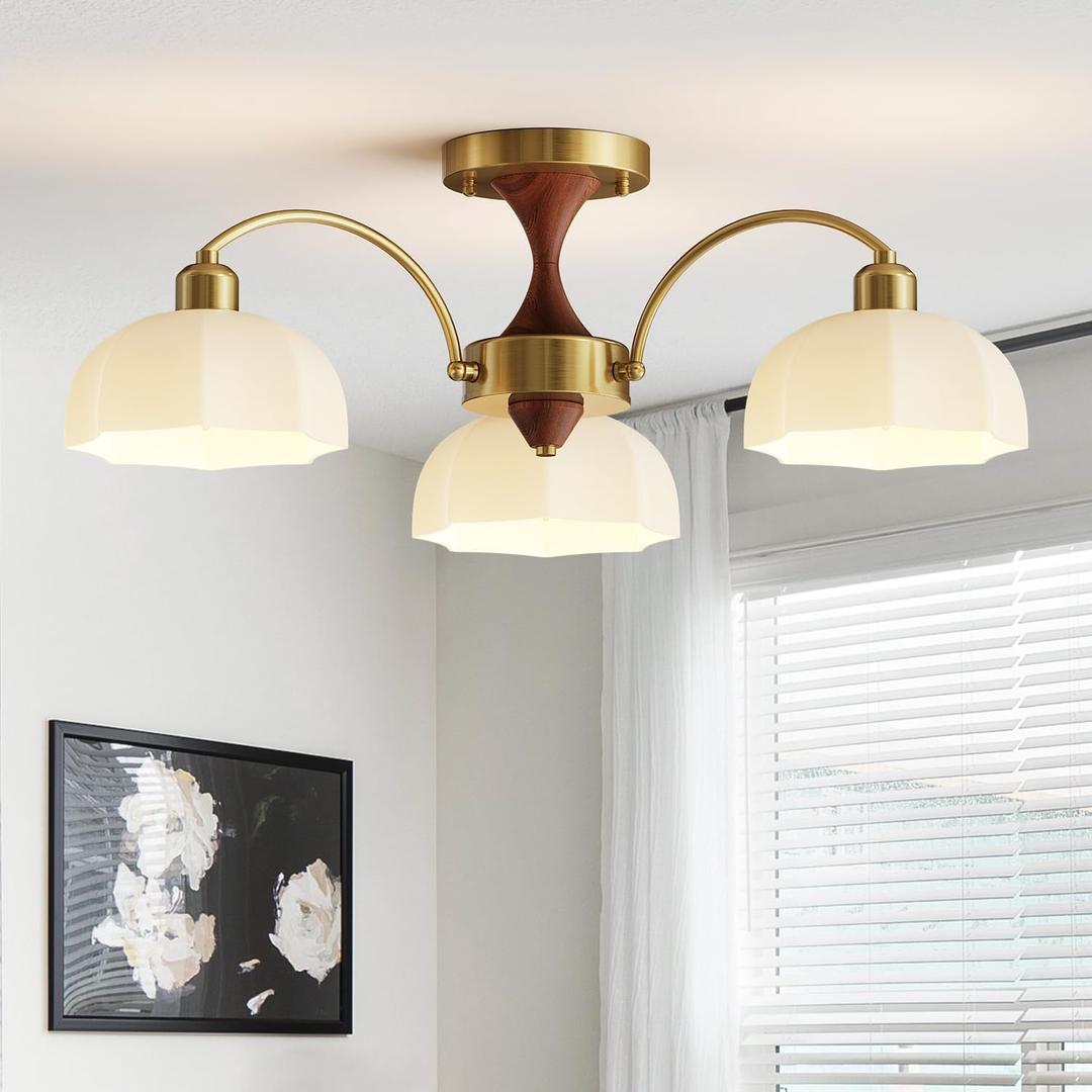 Milk Glass Chandelier Farmhouse Rustic Semi Flush Mount Ceiling Lamp Frosted White Globe Pendant Light Mid Century Modern Wood Grain Chandelier Sputnik Ceiling Lights (3- Light)