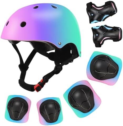 Color Gradient Adjustable Kids Bike Helmet with Knee & Elbow Pads Set | Multi-Sport Safety Gear for Boys & Girls Ages 5-14 | Skateboarding, Scooters, Roller & Inline Skating, Longboarding, M
