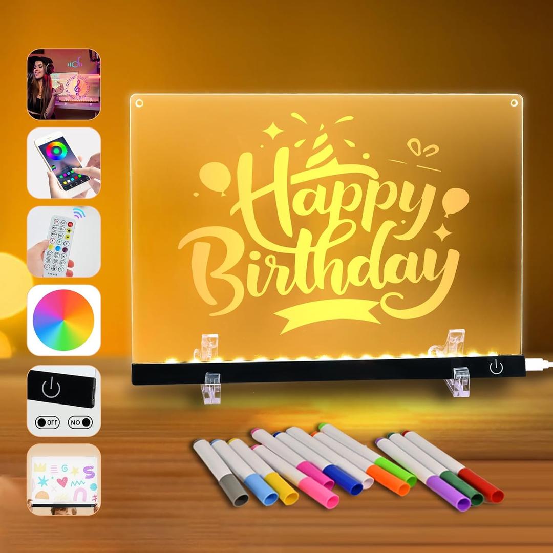 Acrylic Dry Erase Board:16M-Color LED Light-Up Memo Board w/Music Sync, APP & Remote Control, Stand, &12 Markers - Versatile Night Light for Room, Office -14.1"x10.1" Neon Glow Display