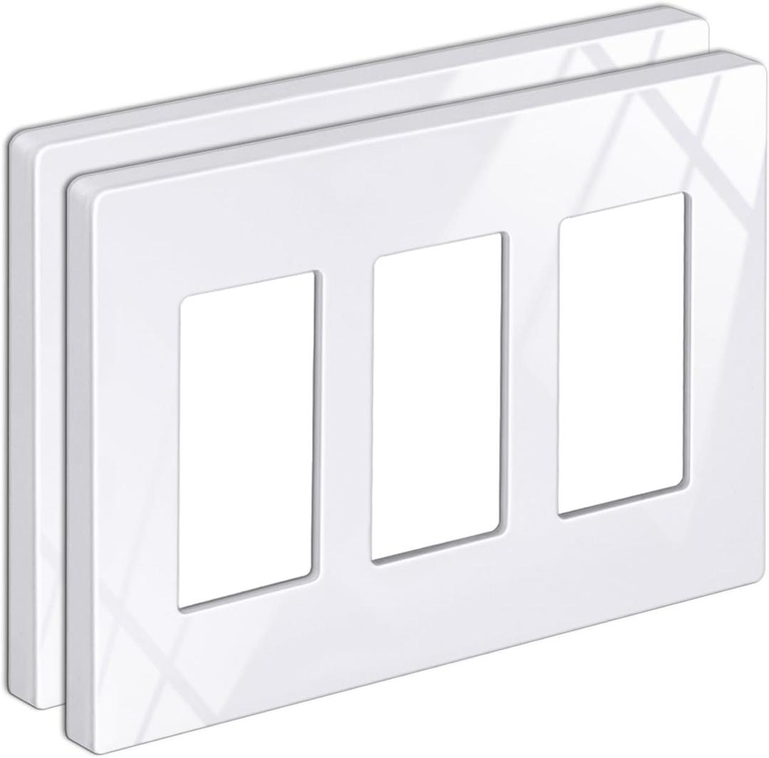 BESTTEN 2 Pack 3-Gang Screwless Decorator Wall Plate, Decorative Outlet Cover, Decor Switch Plate, USWP6 Snow White Series, H4.69 x W6.54, Polycabonate Thermoplastic (Standard Size Gloss Snow White)