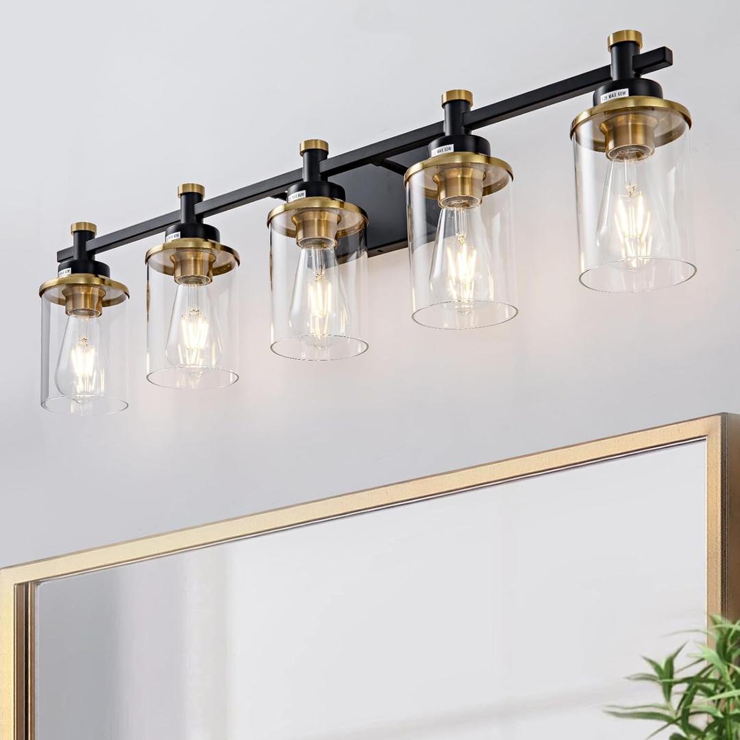 5-Lights Bathroom Light Fixtures, Gold and Black Bathroom Vanity Light Over Mirror, Brushed Gold Bathroom Light Fixtures with Clear Glass Shade for Hallway, Living Room