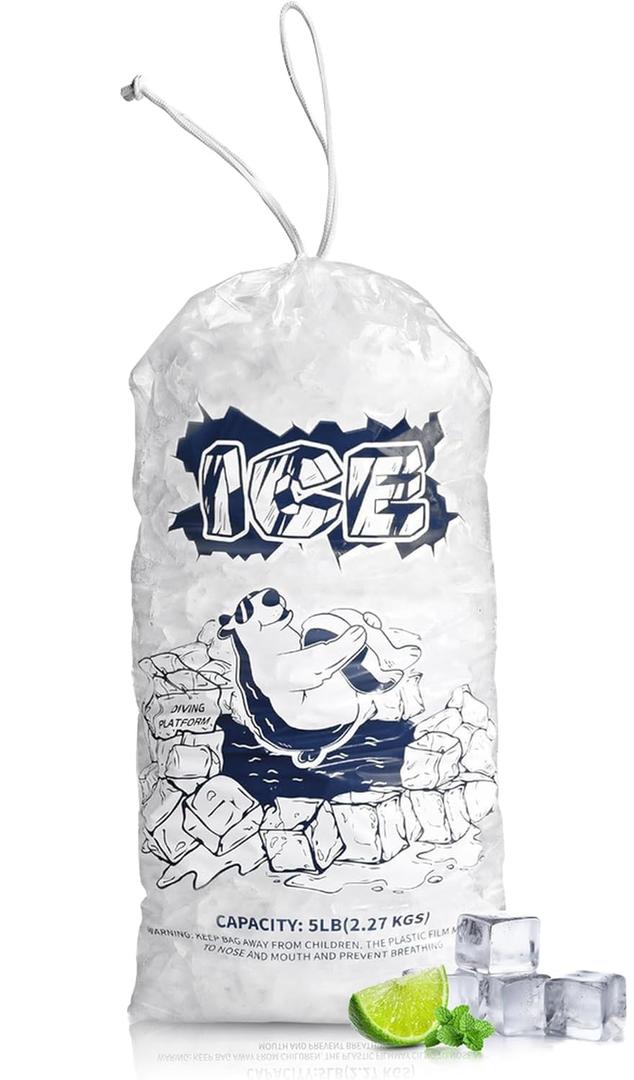Plastic Ice Bags 5lb with Drawstring, 100 Pack for Ice Storage 5LB, 
