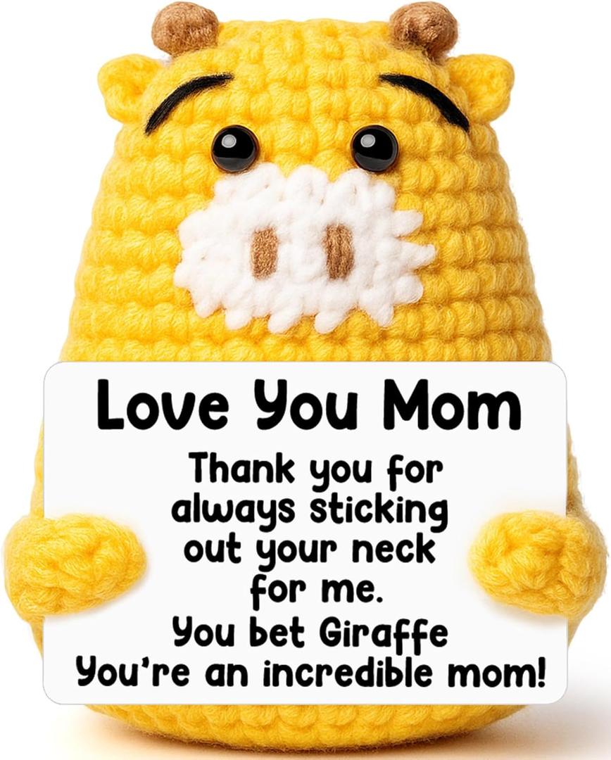 4 x Mom Birthday Gifts from Daughter Son - Love You Mum, Handmade Crochet Giraffe Valentines Gift for Moms Mama Mommy Bonus Stepmom, Best Mom Ever Gifts for Birthday Emotional Giraffe Support Cute Decor