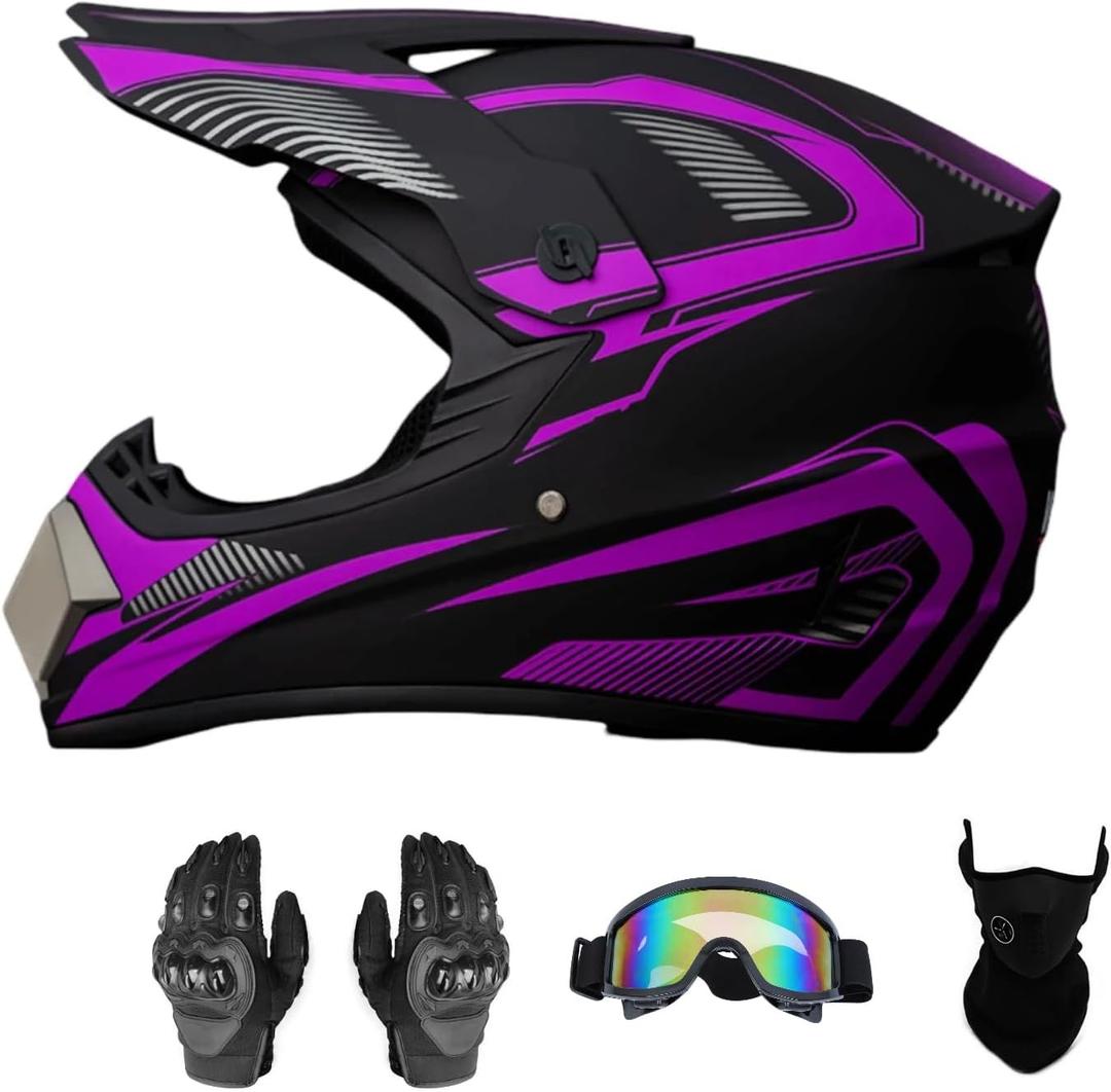 Motocross Offroad Helmet Dirt Bike Helmet BMX MX ATV Helmet Full Face Motorcycle Helmet with Gloves Goggles Mask for Unisex Adult Youth DOT/FMVSS 218 Approved (Medium, Purple)