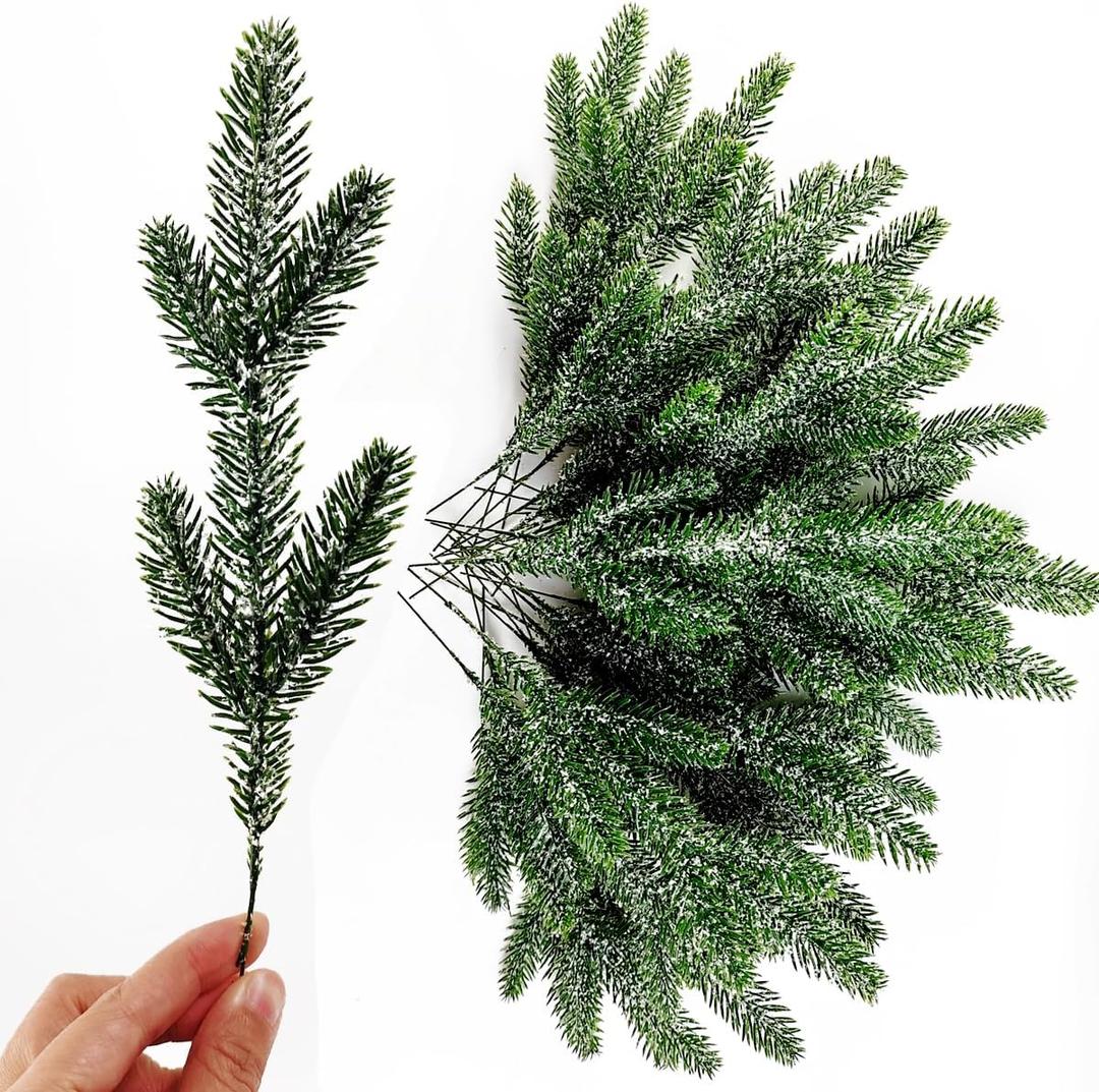 TIHOOD 25PCS 11.8 Artificial Flocking Pine Picks Snow Forest Artificial Pine Needles Branches Christmas Fake Greenery Tree Branches DIY Leaves for Christmas Wreaths Garden Party Holiday Decor