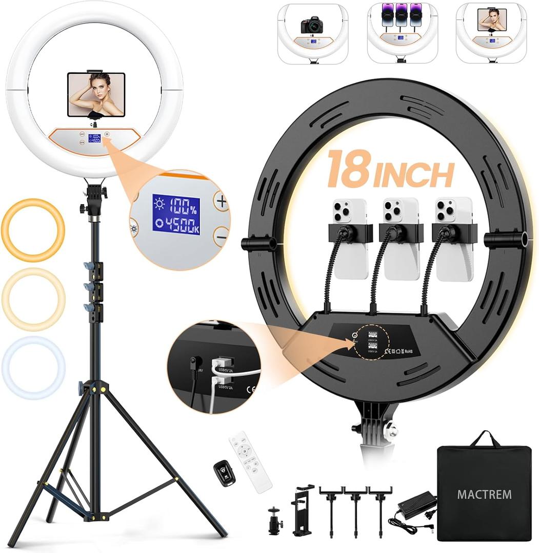 18" Foldable Ring Light with Stand for iPhone ipad, LED Display/2 USB Ports/4 Phone Tablet Holders, 2700-6500K Dimmable Ring Light for Tattoo Barber Makeup Studio Video Recording Photography (Black)