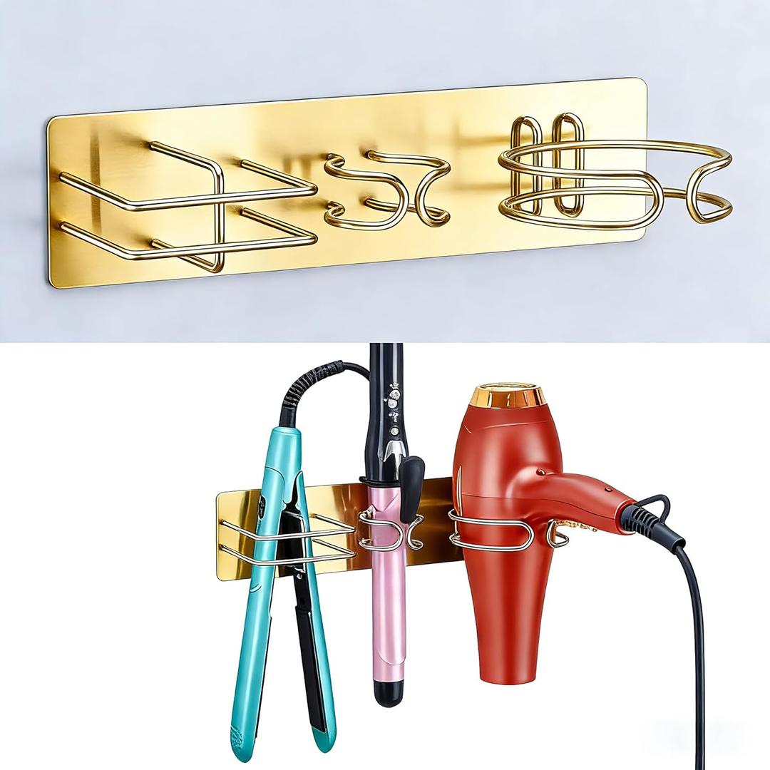 Blow Dryer Holder Wall Mounted Curling Iron Holder, 3 in 1 Hair Tool Organizer for Straightener, Curling Iron, Hair Dryer Holder Adhesive Flat Irons Storage for Bathroom Barber Shop (Gold)