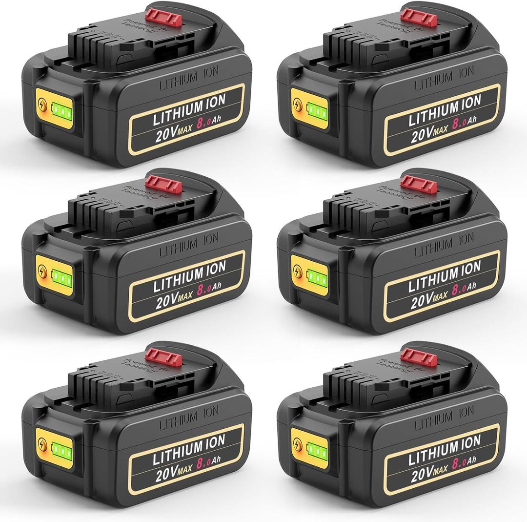 6-Pack 8.0Ah 20V Max Replacement Batteries Compatible with Dewalt 20V XR Tools, Fits DCB206 DCB200 DCB201 DCB204 DCB207, Works with DCD/DCF/DCG Series Cordless Power Tools