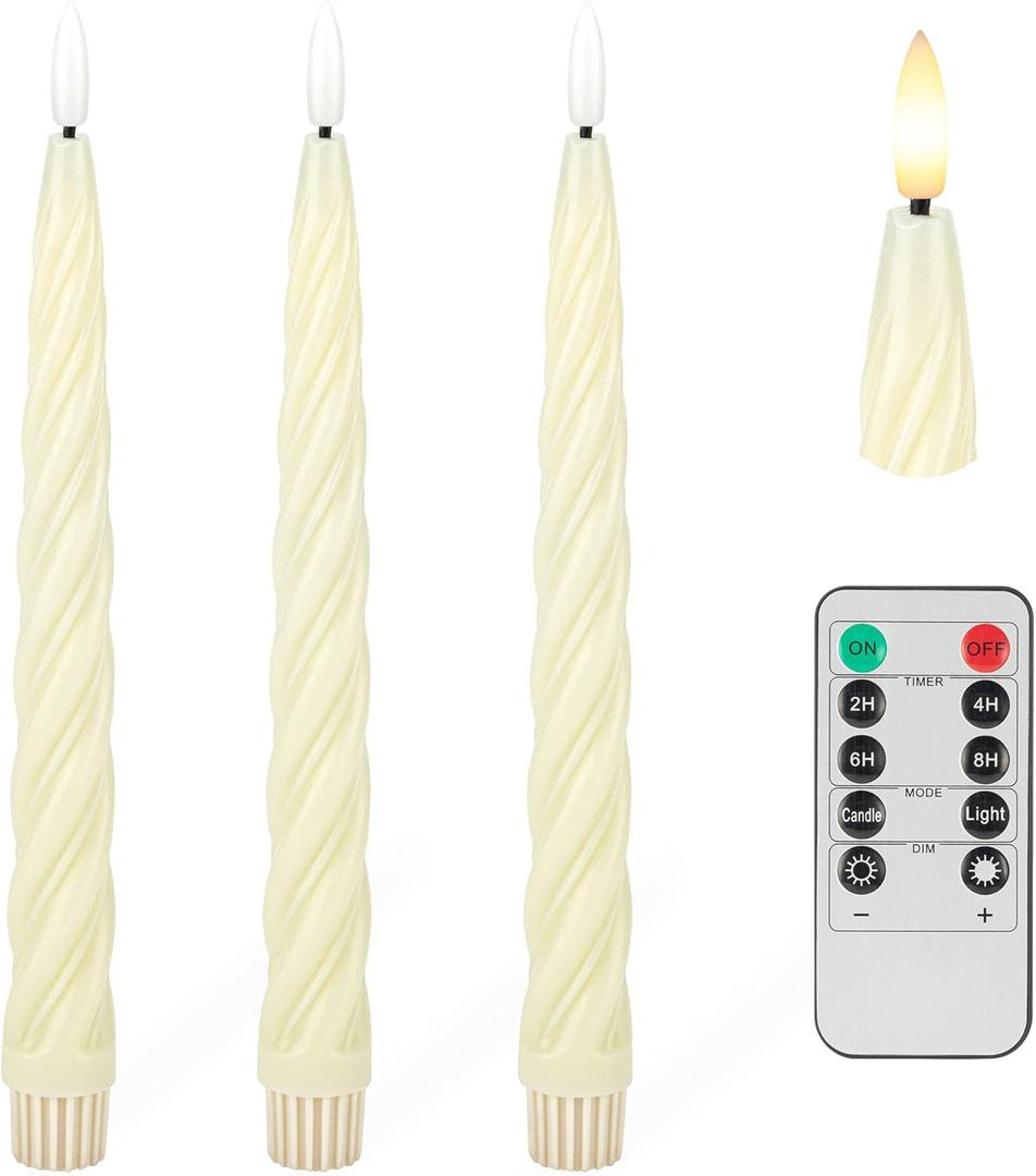 Flameless Taper Candles with 3D Wick, 9.6" Real Wax LED Candles with Remote and Timer, 3 Pack Flickering Candlesticks Battery Operated, Spiral Taper Candles for Home, Wedding, Party, Ivory