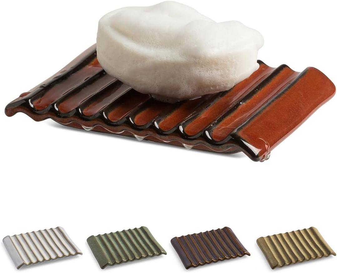 Bar Soap Holder, Ceramic Soap Dish Japanese Soap Tray for Countertop & Saver for Shower, Lift Soap Keep Dry with Self Drain, Red (Wave)