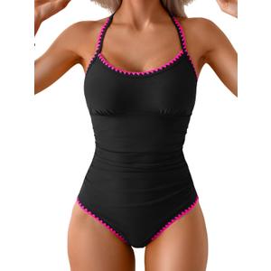 Eomenie Women's One Piece Swimsuit Tummy Control Slimming Bathing Suit Ruched Swimwear Tie Back Shell Stitch Swim Suit (Medium, Black Pink)