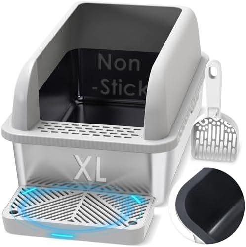 Suzzipaws Non-Sticky Coated Stainless Steel Cat Litter Box with Lid Extra Large Litter Box for Big Cats XL Metal Litter Pan Tray with High Wall Sides Enclosure, Anti-Leakage, Easy Cleaning