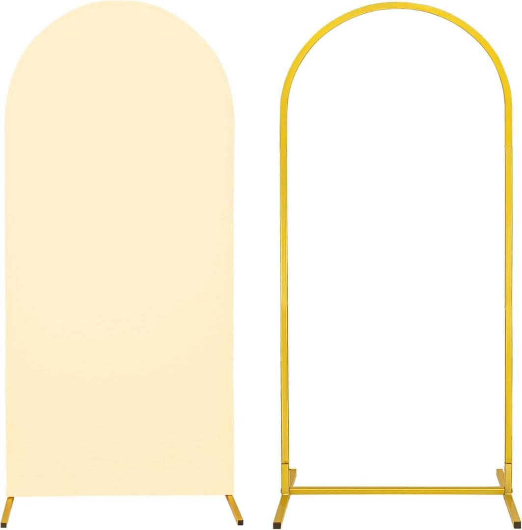 Metal Arch Stand and Cover Set,1 Beige Spandex Fitted Backdrop with 1 Gold Wedding Arched Stand Frame for Parties Birthday Baby Shower Bridal Banquet Decoration (6FT)