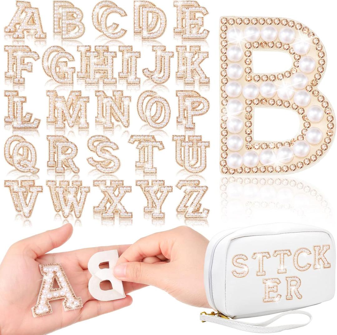 WILLBOND 52 Pieces Self Adhesive Pearl Rhinestone Letter Patches A-Z Glitter Letter Stickers Pearl Alphabet Appliques for Clothes Hat Backpack, Wedding Graduation Mother's Day DIY Crafts(Gold)