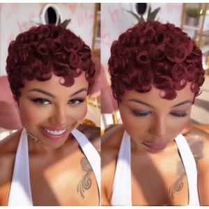 Short Pixie Cut Human Hair Wigs For Black Women Curly Glueless Wigs With Bangs 99J Color Full Machine Made 3Short Curly Glueless Human Hair Wig Wear and Go