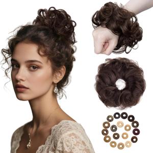 Messy Bun Hair Piece Human Hair, Human Hair Messy Bun Hair Piece for Women,100% Real Hair Bun Wig,Invisible Light and Soft Wavy-02 Dark Brown