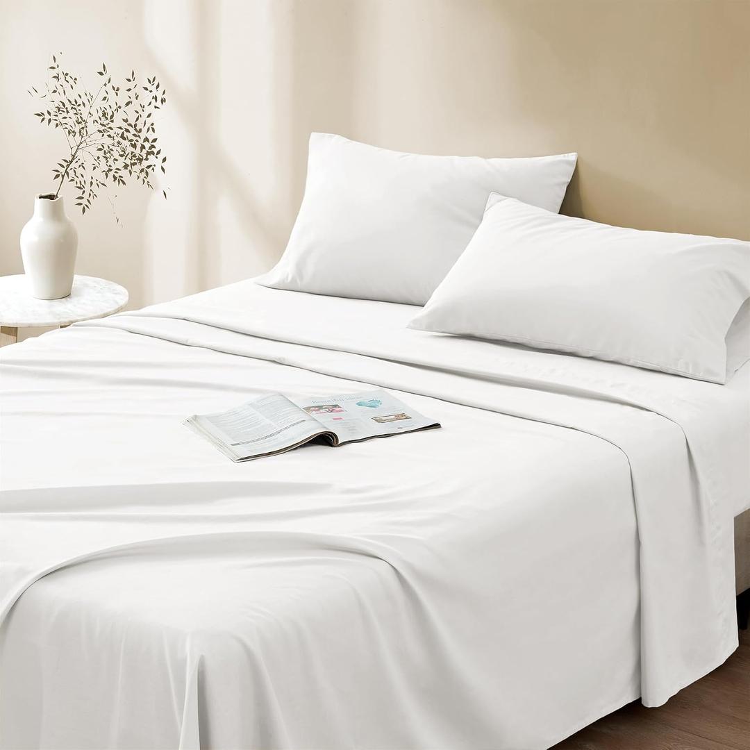 Comfort Spaces 100% Cotton Sheet Set Breathable, Lightweight, Soft with 14" Elastic Pocket Fits up to 16" Mattress, All Season Cozy Bedding, Matching Pillow Case, Full White 4 Piece