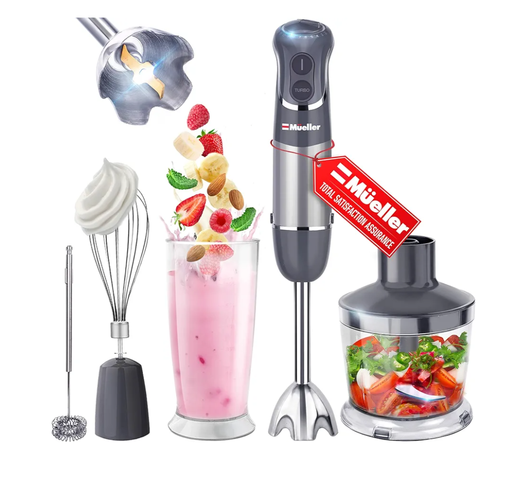 Mueller Multistick 800W 4-in-1 Immersion Blender Handheld, 12 Speed Hand Mixer - Turbo Boost, Heaviest Duty Copper Motor, Titanium Blades Hand Blender, Milk Frother Wand, Whisk, Beaker, Chopper, Grey