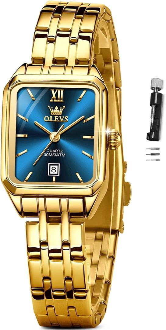 OLEVS Gold Watches for Women Square Luxury Business Rectangle Ladies Watches for Woman with Date Water Resistant Ladies Watch for Small Wrists Reloj para Mujer Diamond Blue/Green/Black/White/Gold