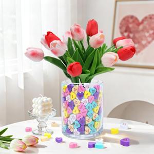 Valentine's Day Decorations-15 Artificial Tulips with 240 Conversation Hearts Vase Filler Set, Sweet Floral Arrangement Valentines Decor for Home, Mantel Wedding Anniversary Party (Red)