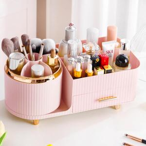 Rotating Makeup Organizer for Vanity with Brush Holder and Drawer, Cosmetic Makeup Storage, Large Spinning Makeup Skincare Organizer, Countertop Makeup Perfume Organizer, Lotions Display Case (Pink)