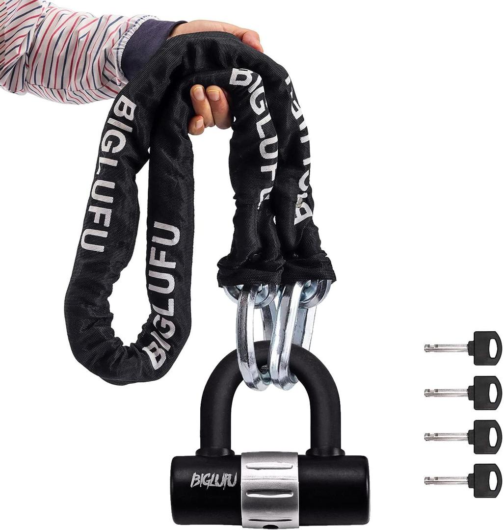 Motorcycle Chain Locks, Heavy Duty Security Chains, 100cm Long, Cut Proof 12mm Square Chain with 4Keys U Lock for Motorbike, Bike, Generator, Gates, Bicycle, Scooter