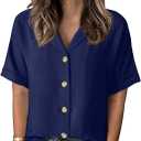 Dokotoo Women's Dressy Casual V Neck Short Sleeve Button Down Shirts Relaxed Work Business Loose Blouses Tops XXL Navy Blue