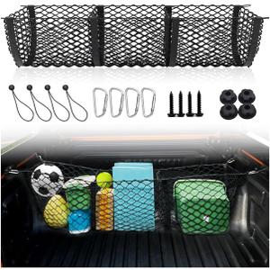 Upgraded 3 Pocket Truck Bed Cargo Net for Toyota Ford Dodge GMC Chevy Silverado, Universal Pickup Mesh Storage Net 47.2" x 11.8" Stretchable Elastic Truck Bed Grocery Holder Net with 4 Ball Bungees