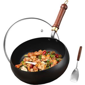 UMETRE Carbon Steel Wok Pan, 11" Woks & Stir-Fry Pans with Glass Lid Cookwares, Nonstick Wok Flat Bottom Small Handmade Chinese Wok For for All Stoves