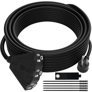 14/3 Gauge Heavy Duty Outdoor Extension Cord 12 FT, 90 Degree Angled 3 Prong Plug, 14 Gauge Power Cable with 3 Outlets, 14AWG, 15A, 125V, 1875W, ETL Listed, Black Wire, with Free Carrying Strap+Ties