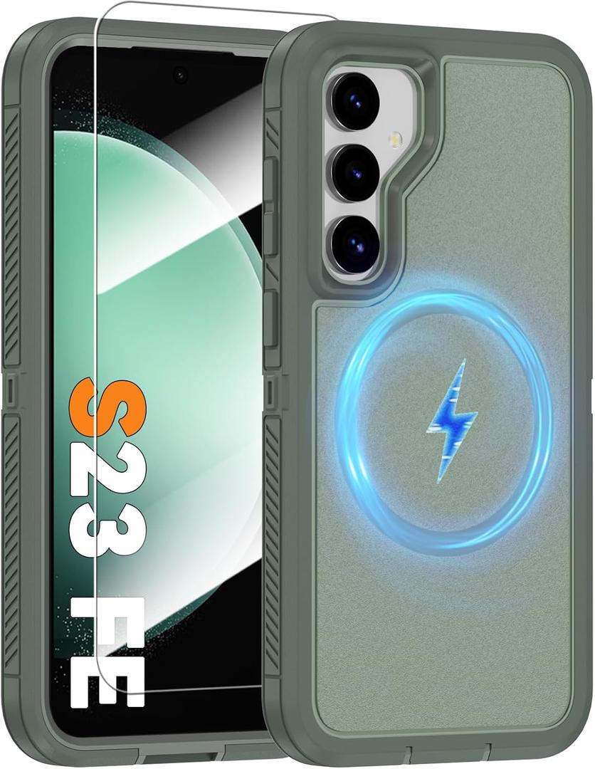 Magnetic Case for Samsung Galaxy S23 FE 5G, [Compatible with Magsafe] [Glass Screen Protector] [Dual Layer Military-Grade Protection] Heavy Duty Shockproof Cover for Samsung S23 FE 6.4 inch, Green