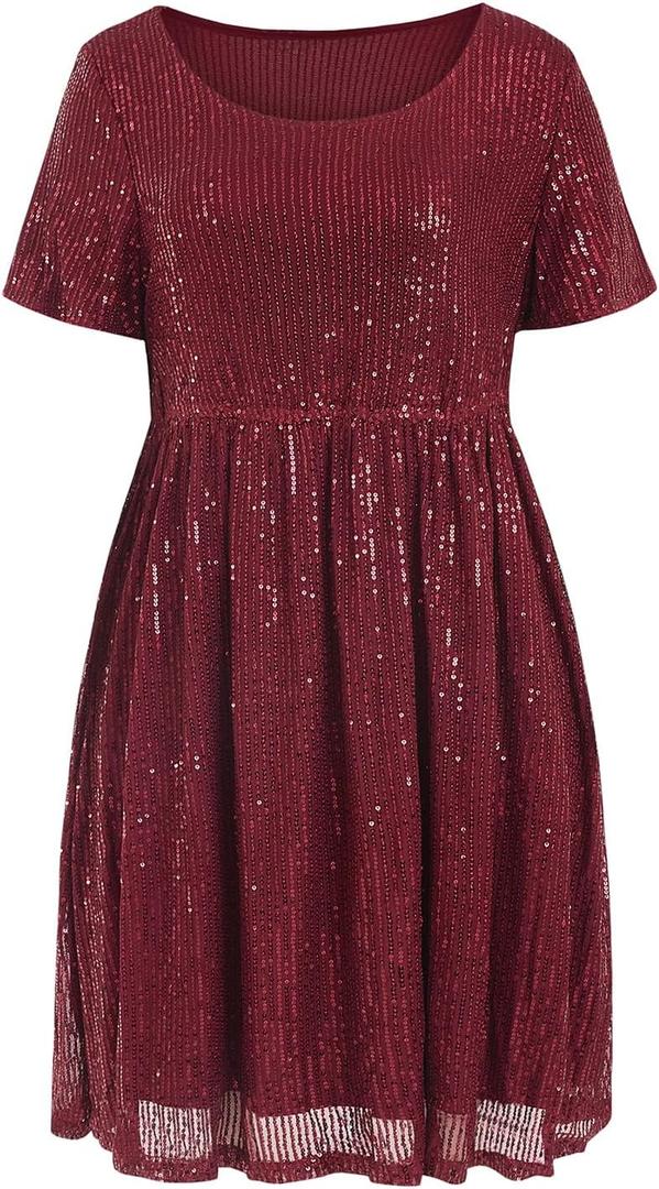 Wenrine Women's Sequin Plus Size Mini Dress Short Sleeve Scoop Neck Pleated A Line Cocktail Party Dresses (Wine Red), Size: X-Large Plus